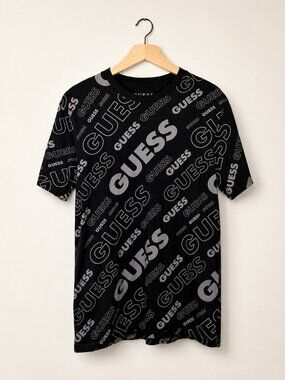 Guess Men’s Black All Over Logo Graphic T-Shirt Medium Slim Fit